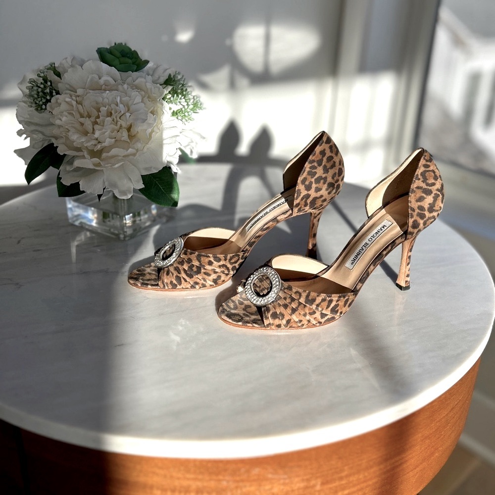 Manolo Blahnik Leopard Print Heels with Embellishment